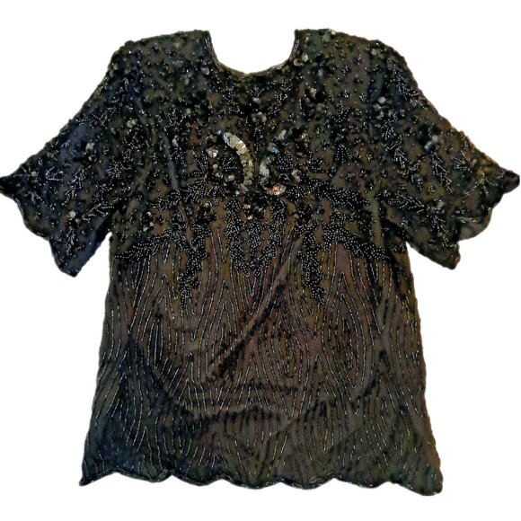 Vintage 100% Silk Exotica 80s Black Heavily Beaded Blouse - Picture 1 of 10
